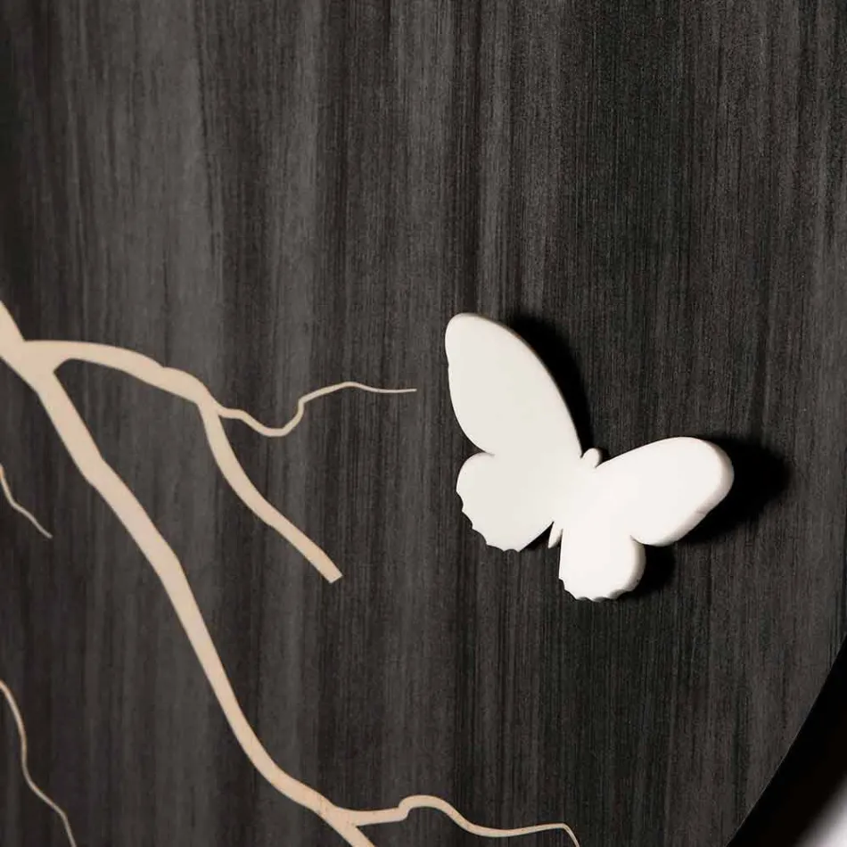Orologio a Muro Design Tondo in Legno Inciso a Laser e Farfalle 3D - Farfo Viadurini