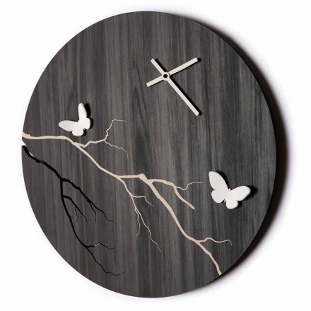 Orologio a Muro Design Tondo in Legno Inciso a Laser e Farfalle 3D - Farfo Viadurini