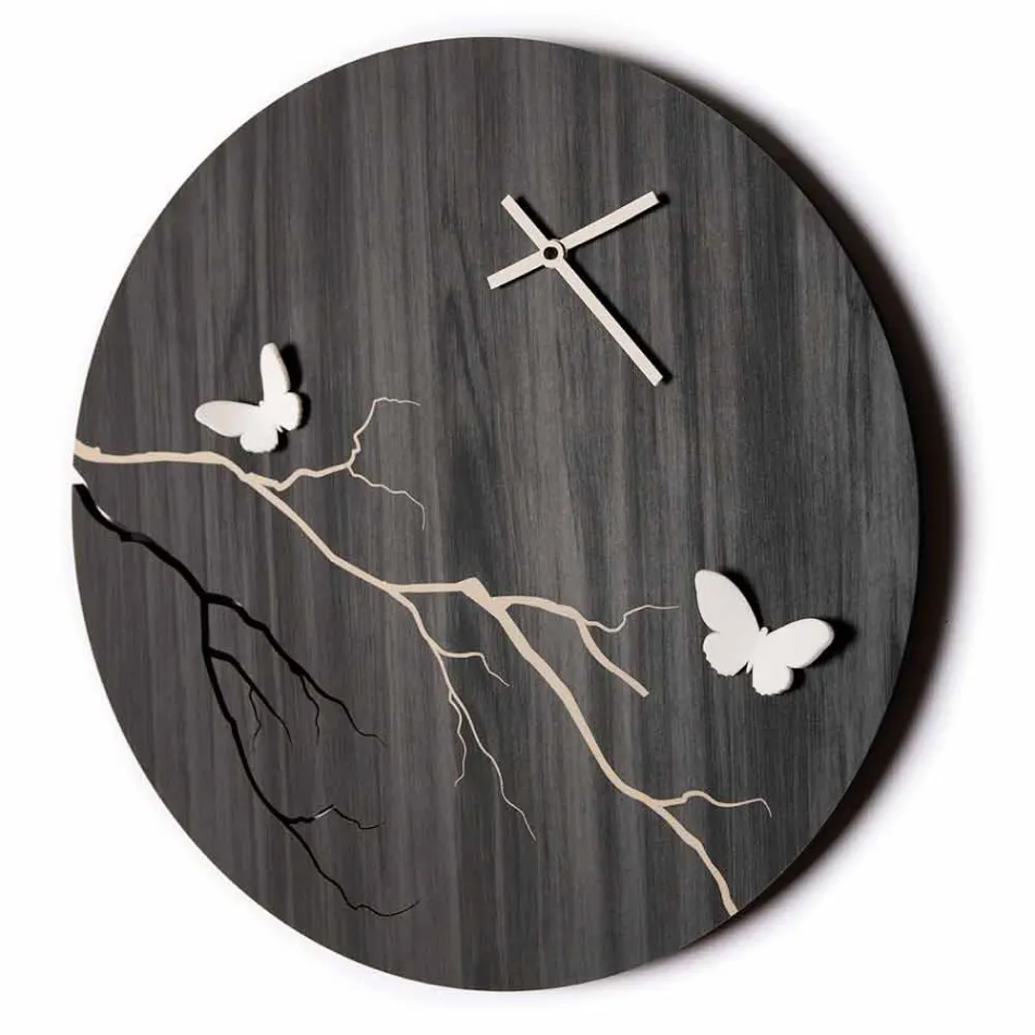 Orologio a Muro Design Tondo in Legno Inciso a Laser e Farfalle 3D - Farfo Viadurini