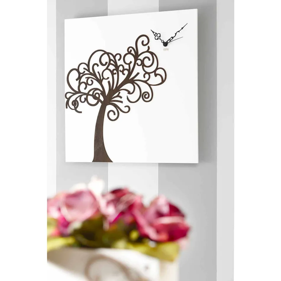 Orologio a Parete Design in Legno Quadrato Bianco con Albero - Alberoeden Viadurini