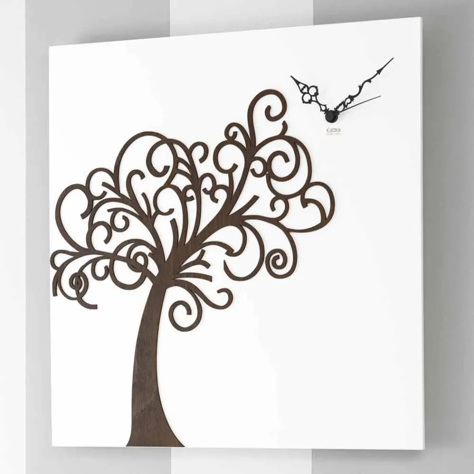 Orologio a Parete Design in Legno Quadrato Bianco con Albero - Alberoeden Viadurini