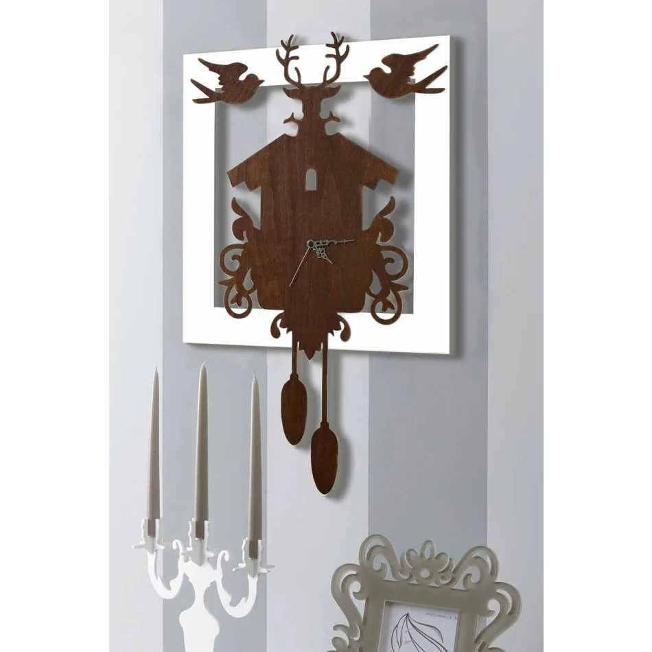 Orologio da Parete Design Moderno in Legno Scuro e Bianco Decorato - Fiaba Viadurini