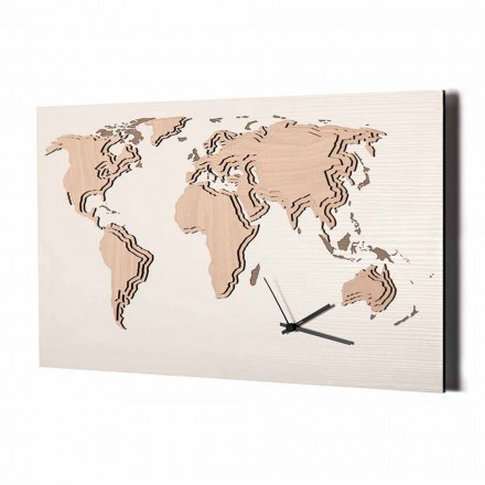 Orologio da Parete in Legno con Decorazione Planisfero Design Soggiorno - Mappo Viadurini