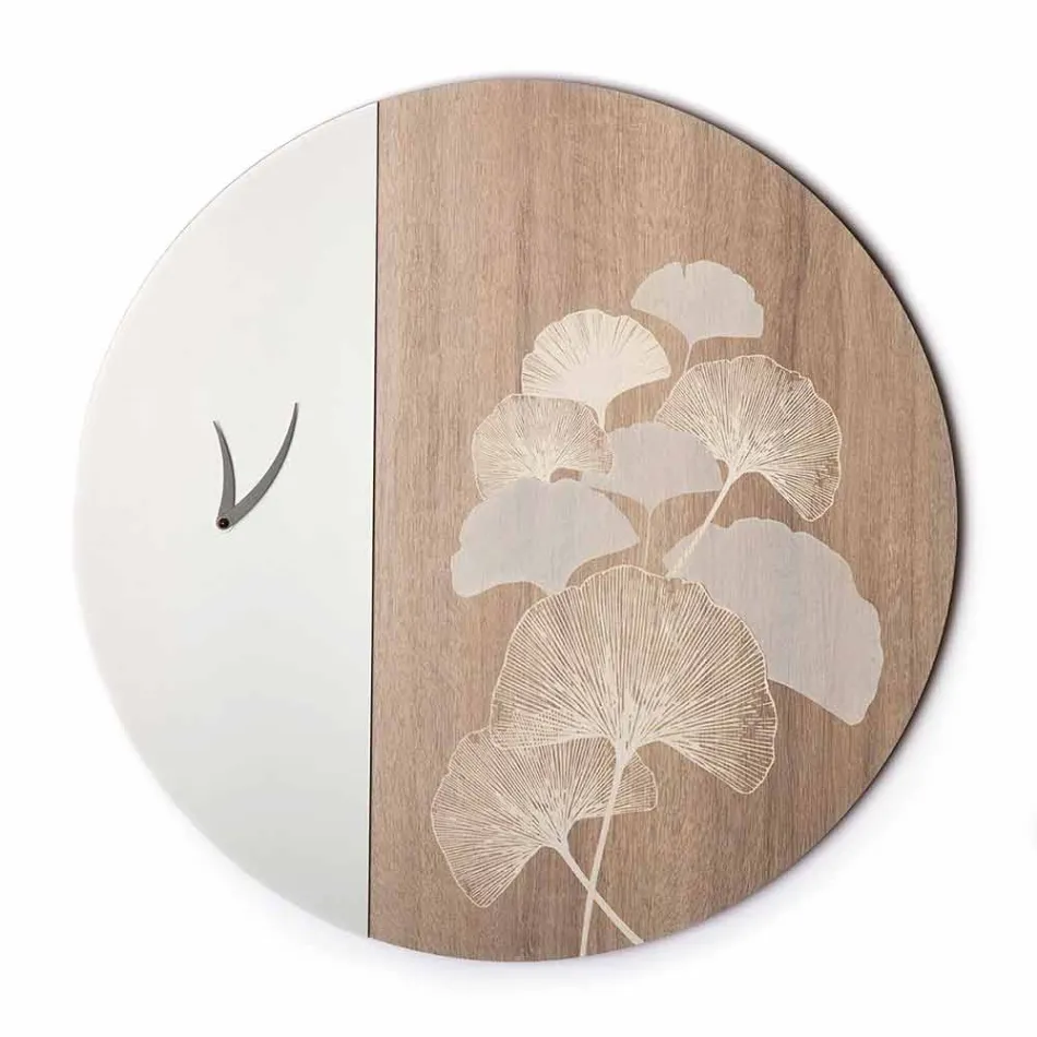 Orologio da Parete in Legno Design Tondo con Decori, 2 Finiture - Ginkgo Viadurini