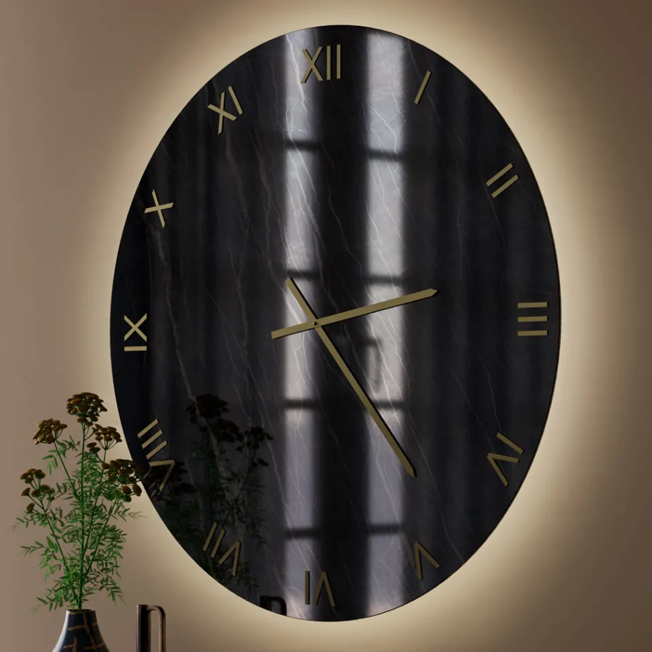 Orologio da Parete in Vetro Effetto Marmo Blck Gold con Lancette in Ottone - Cortex Viadurini