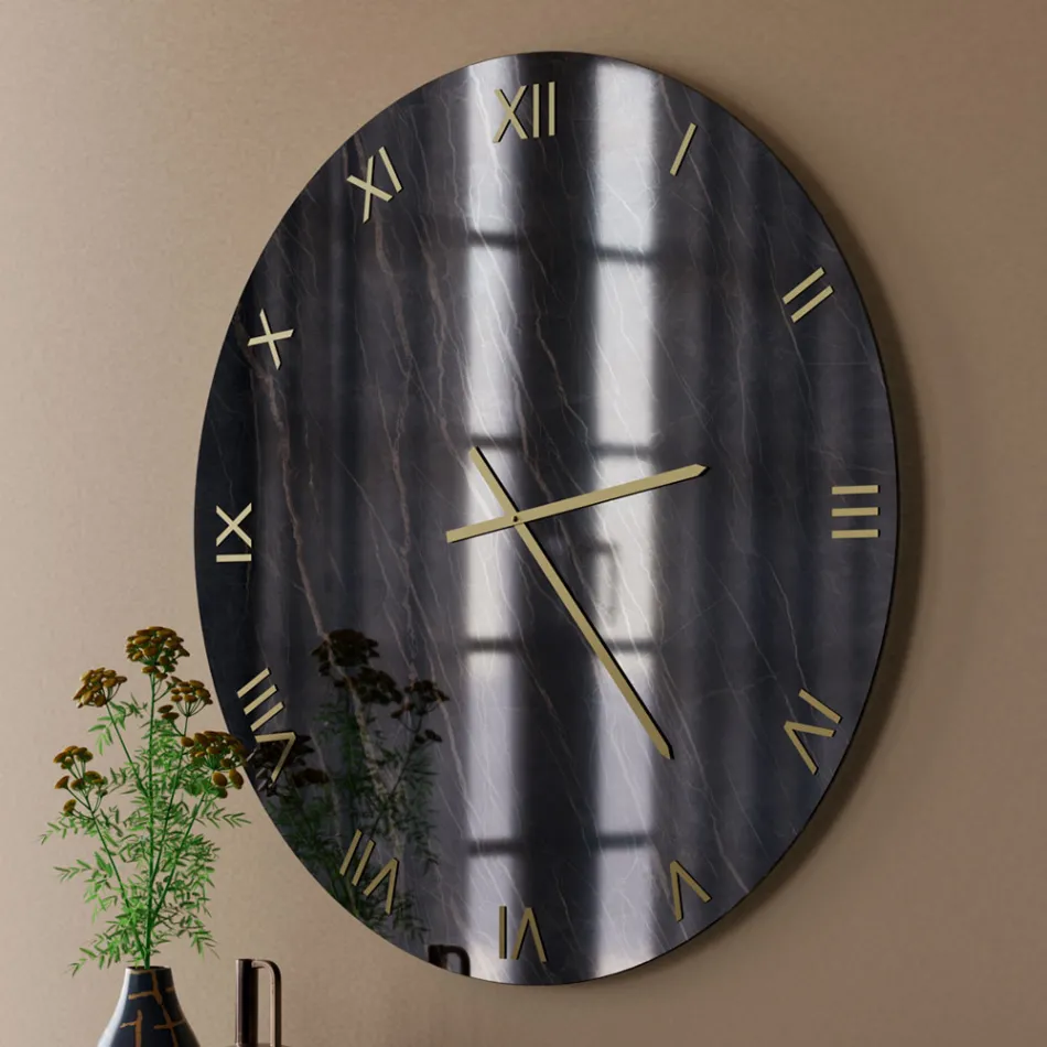 Orologio da Parete in Vetro Effetto Marmo Blck Gold con Lancette in Ottone - Cortex Viadurini