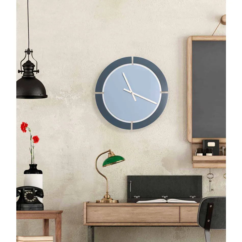 Orologio da Parete Moderno di Design Tondo in Legno Bianco Blu Avio - Savio Viadurini