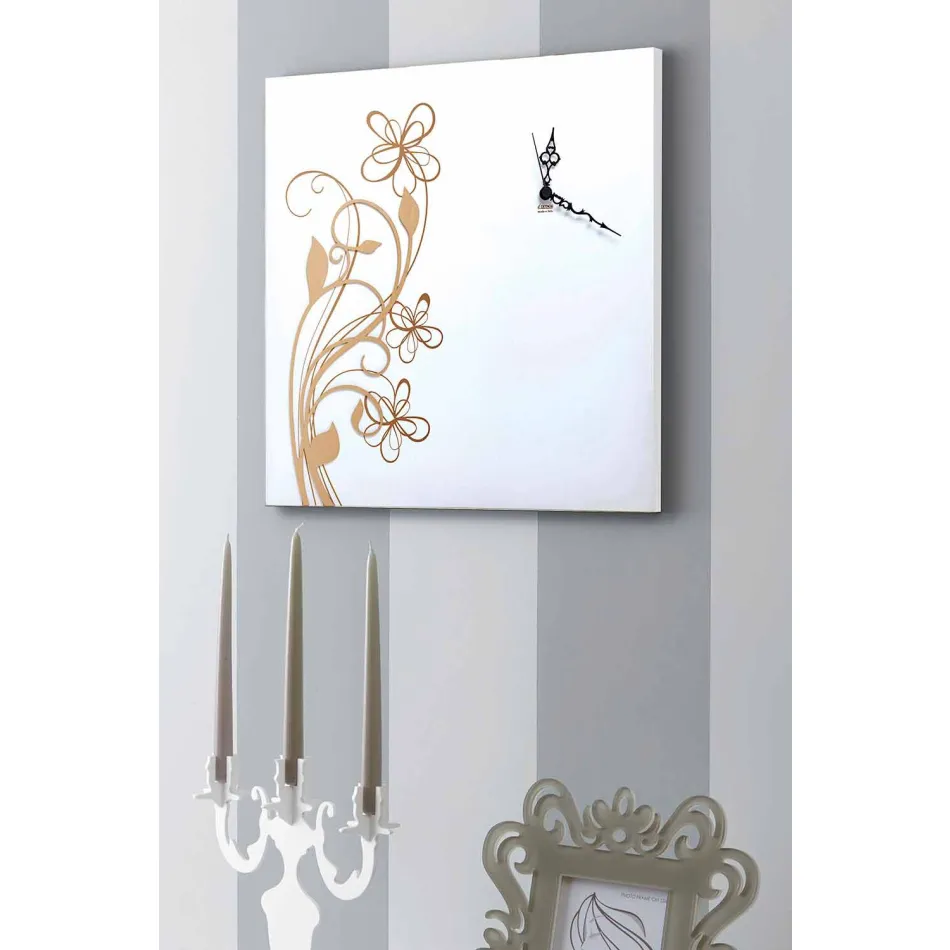 Orologio Grande da Parete Design Quadrato in Legno Bianco con Fiore - Florello Viadurini