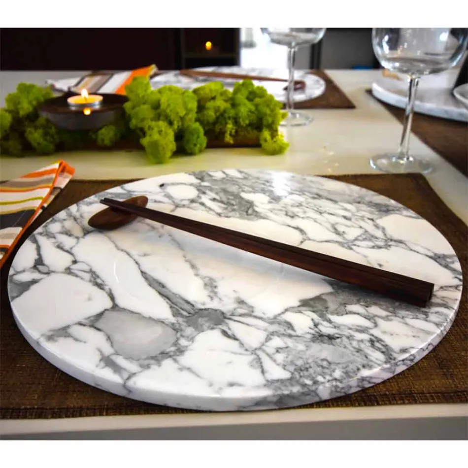 Piatto da Portata Rotondo in Marmo Bianco di Carrara Made in Italy - Kamil Viadurini