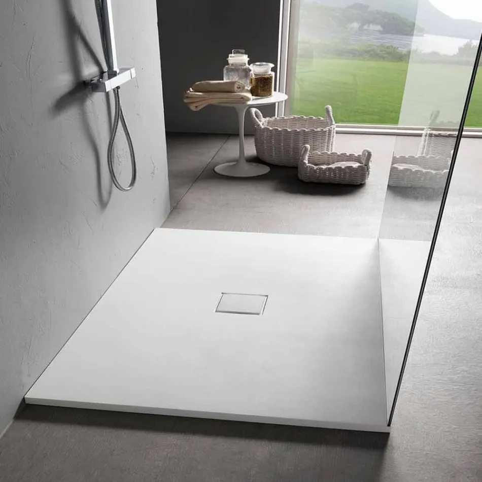 Piatto Doccia Design Quadrato 90x90 in Resina Bianca Effetto Velluto - Estimo Viadurini