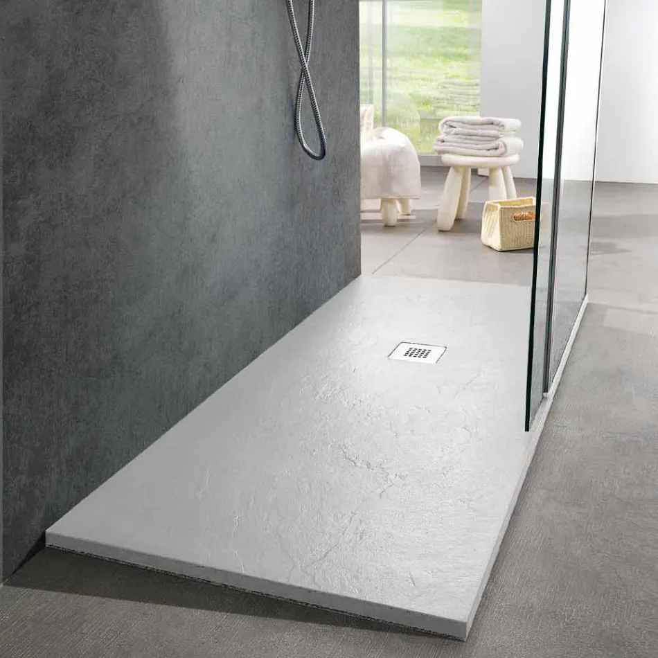 Piatto Doccia Moderno 170x80 Finitura Effetto Ardesia in Resina Bianca - Sommo Viadurini