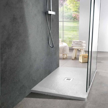 Piatto Doccia Moderno 90x70 in Resina Bianca Effetto Ardesia - Sommo Viadurini