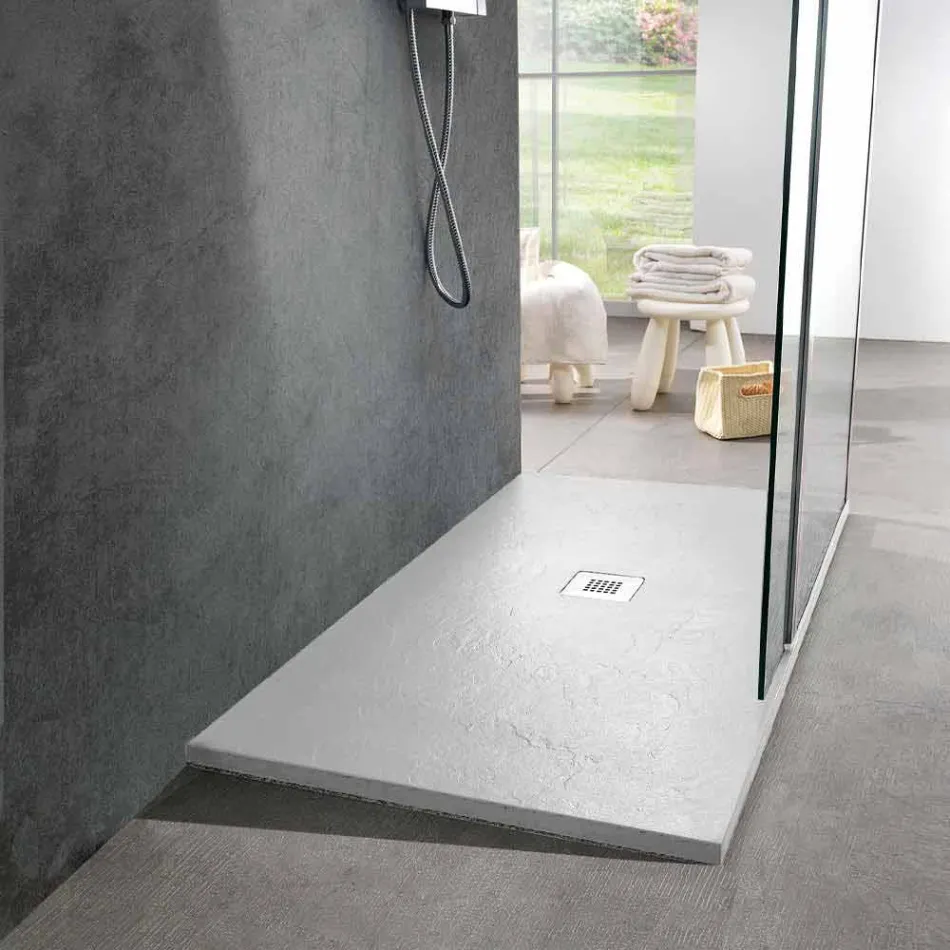 Piatto Doccia Moderno in Resina Bianca Finitura Effetto Ardesia 140x90 - Sommo Viadurini