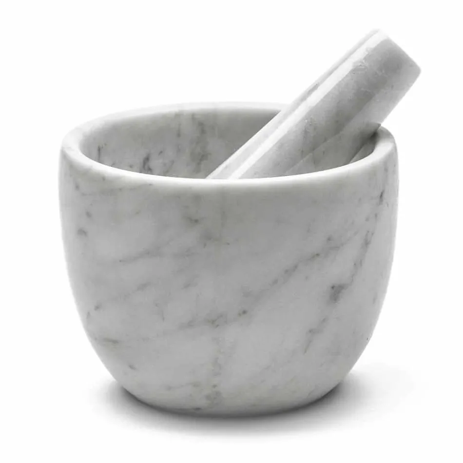 Piccolo Mortaio con Pestello in Marmo Bianco di Carrara Made in Italy - Mirel Viadurini
