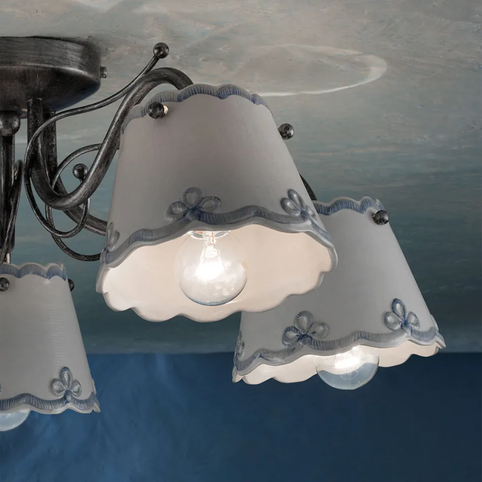 Plafoniera a 3 o 5 Luci in Ceramica Effetto Ricamo Dipinta a Mano - Ravenna Viadurini