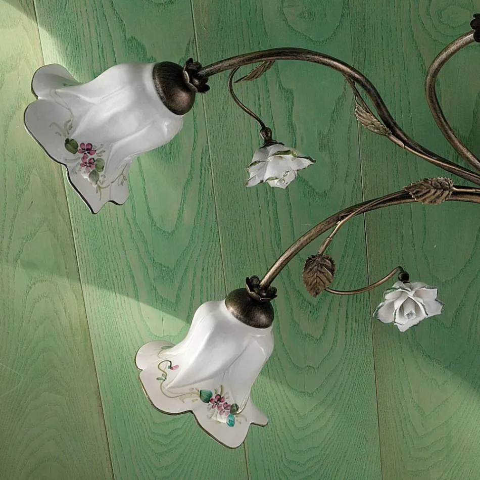 Plafoniera a 6 Luci in Ceramica Artigianale con Rose di Decoro - Pisa Viadurini