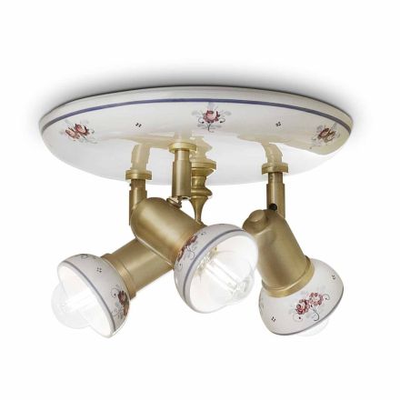 Plafoniera Rotonda 3 Faretti in Ottone e Ceramica Dipinta a Mano - Savona Viadurini