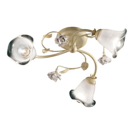 Plafoniera Vintage 3 o 4 Luci in Ferro, Vetro e Rose di Ceramica - Siena Viadurini
