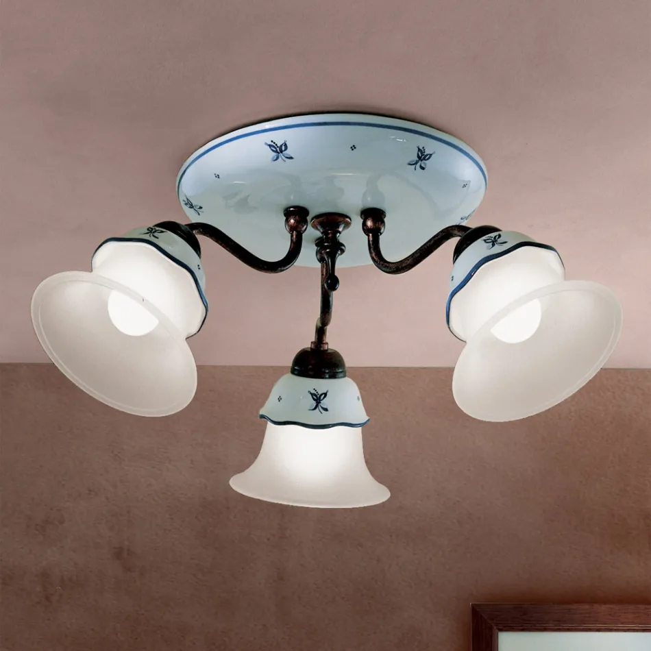 Plafoniera Vintage in Ferro, Vetro e Ceramica Decorata a Mano - Ferrara Viadurini