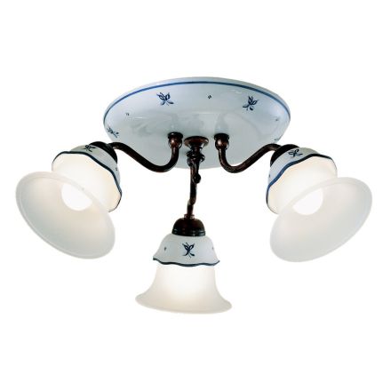 Plafoniera Vintage in Ferro, Vetro e Ceramica Decorata a Mano - Ferrara Viadurini