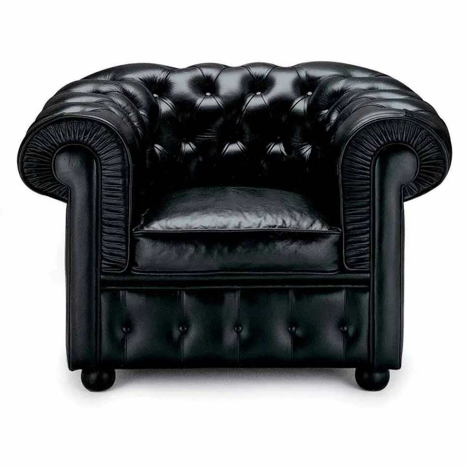 Poltrona Classica Rivestita in Pelle con Piedini in Legno Made in Italy - Idra Viadurini