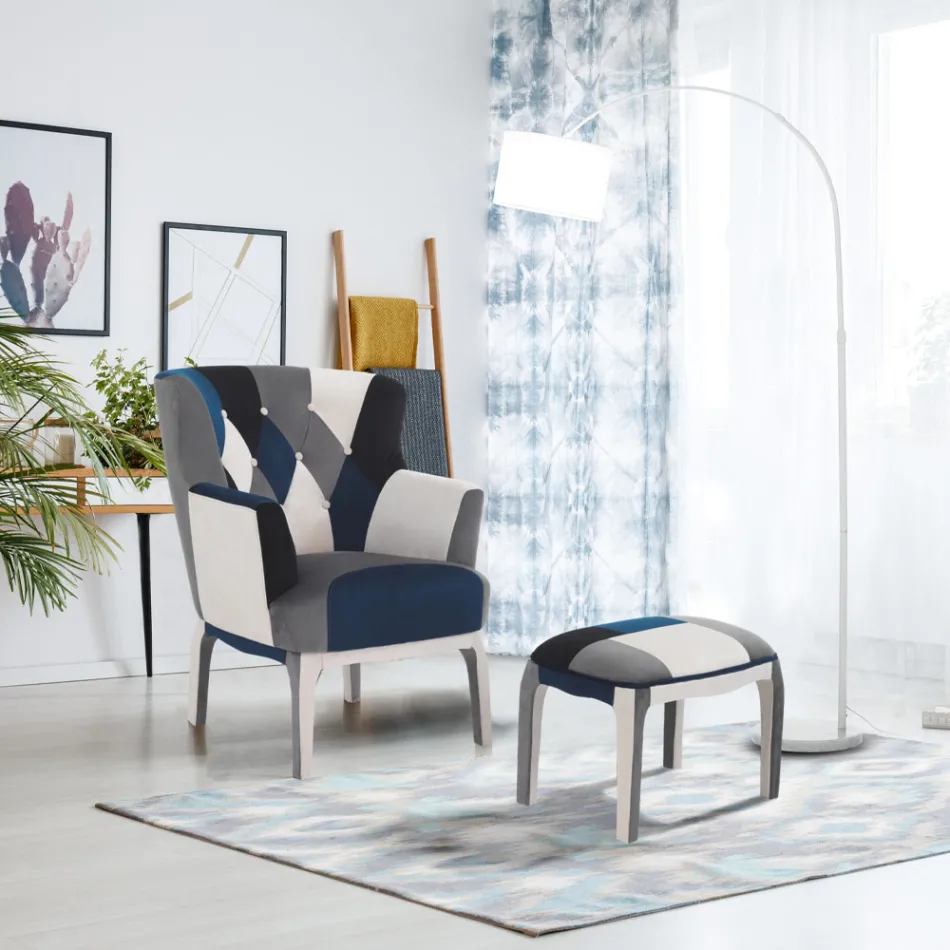 Poltrona con Pouf in Tessuto Patchwork - Bromo Viadurini