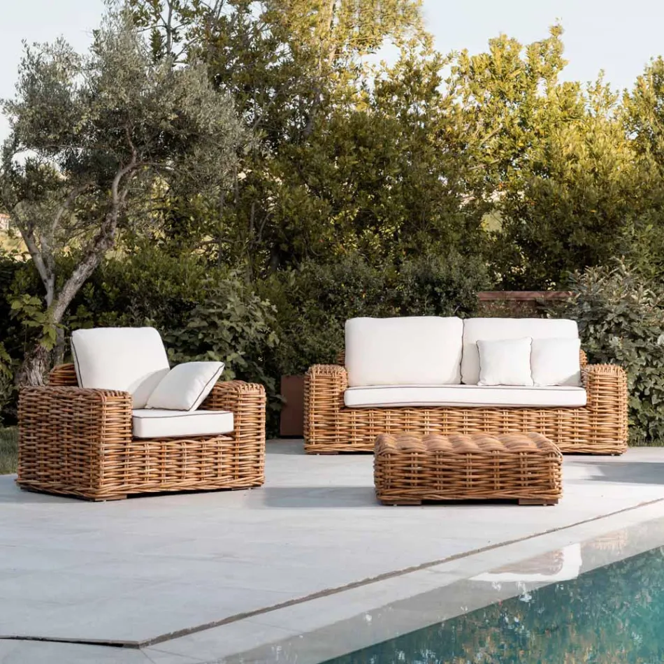 Poltrona da Esterno in Rattan Naturale con Cuscini Inclusi – Keira Viadurini