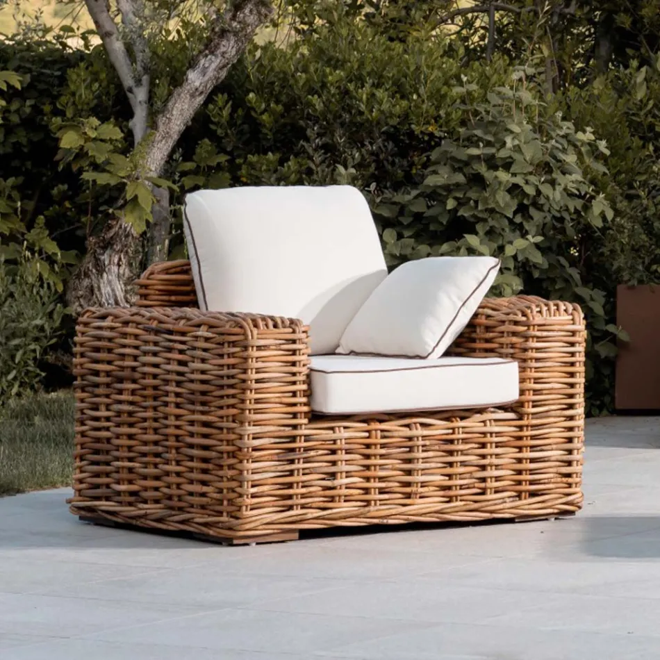 Poltrona da Esterno in Rattan Naturale con Cuscini Inclusi – Keira Viadurini