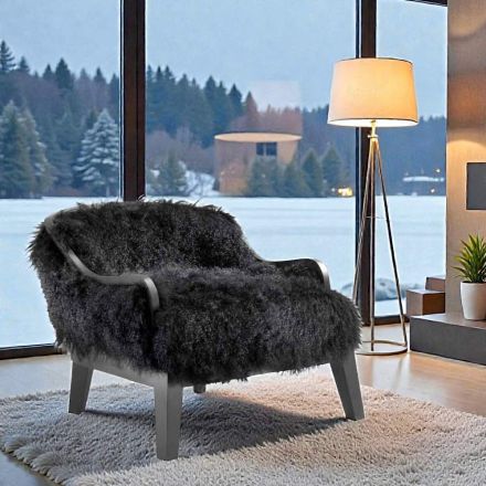 Poltrona da salotto bassa in pelle e pelo nero, made in Italy, Eli Viadurini