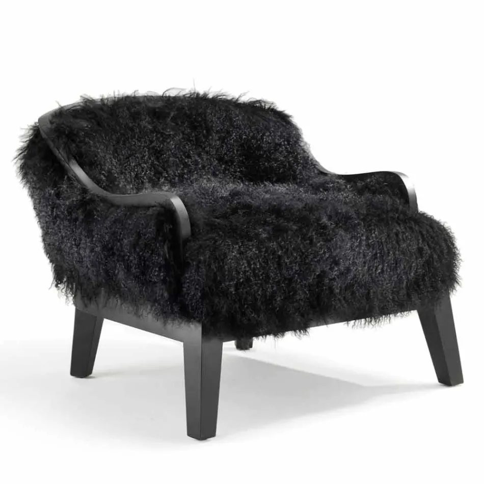 Poltrona da salotto bassa in pelle e pelo nero, made in Italy, Eli Viadurini