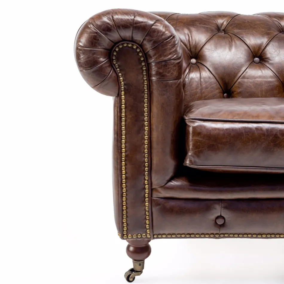 Poltrona da Salotto in Cuoio Vintage Effetto Invecchiato con Ruote e Braccioli - Timbro Viadurini