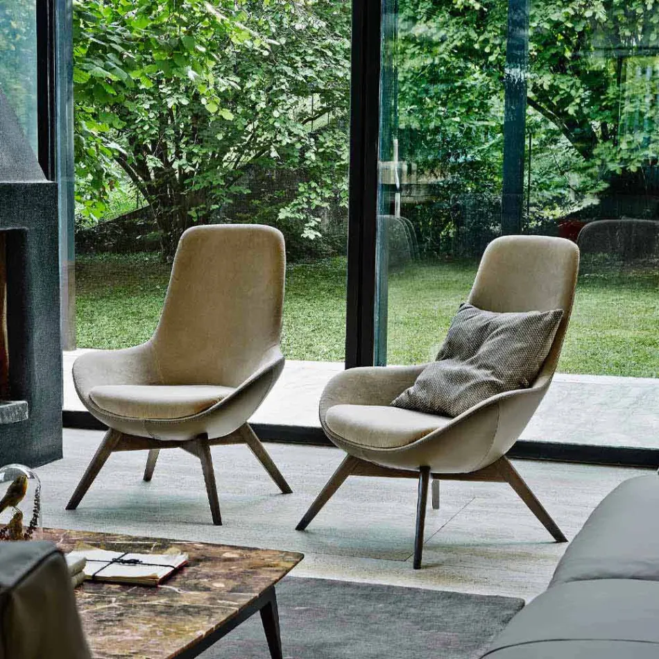 Poltrona da Salotto in Pelle e Tessuto con Base in Legno Made in Italy - Ama Viadurini