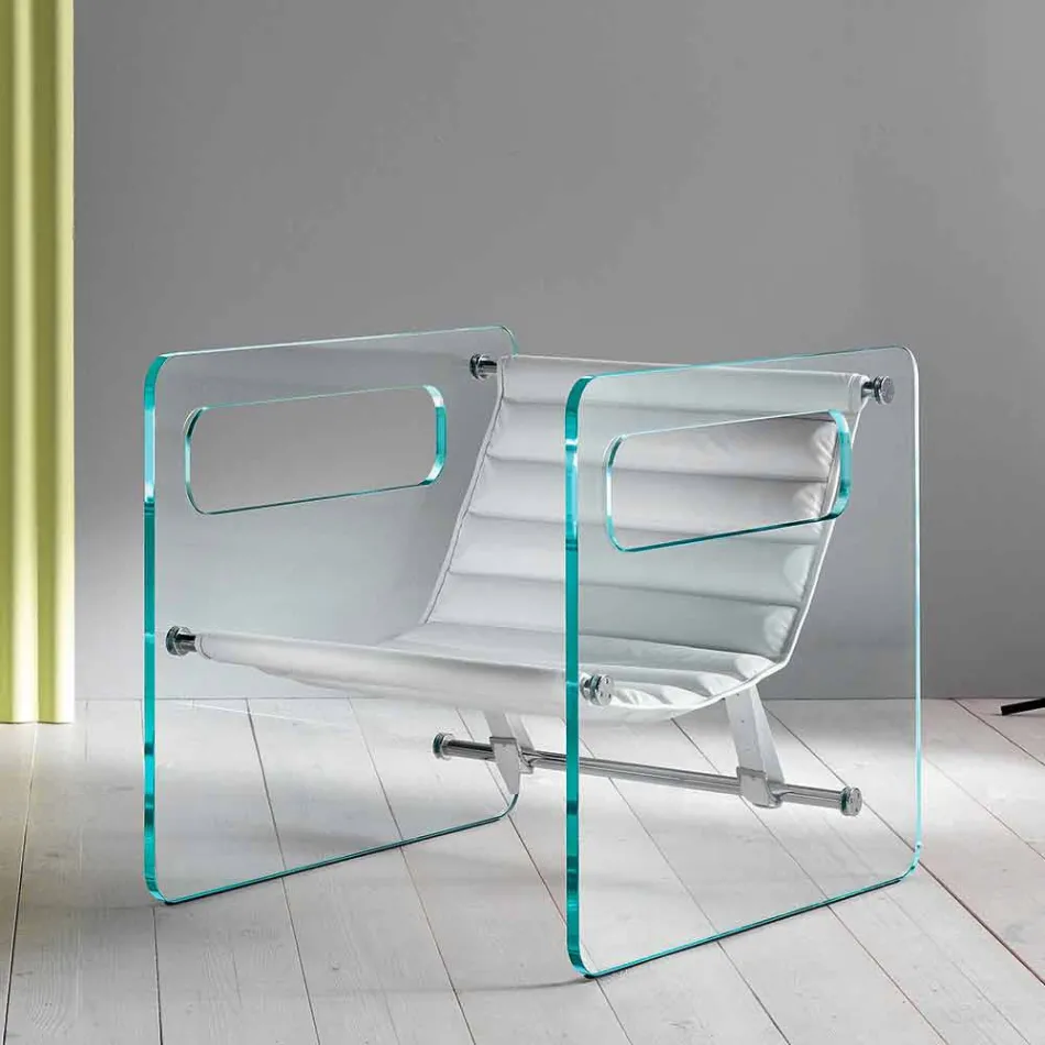 Poltrona da Salotto in Vetro e Seduta in Pelle Bianca Design Moderno - Tecna Viadurini