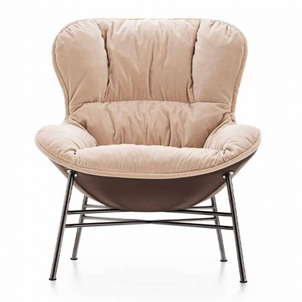 Poltrona da Soggiorno in Pelle e Tessuto con Base Cromata Made in Italy - Litchi Viadurini