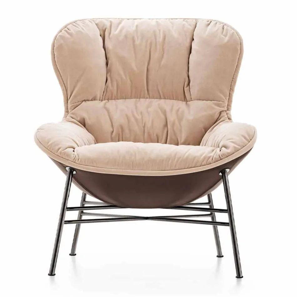 Poltrona da Soggiorno in Pelle e Tessuto con Base Cromata Made in Italy - Litchi Viadurini