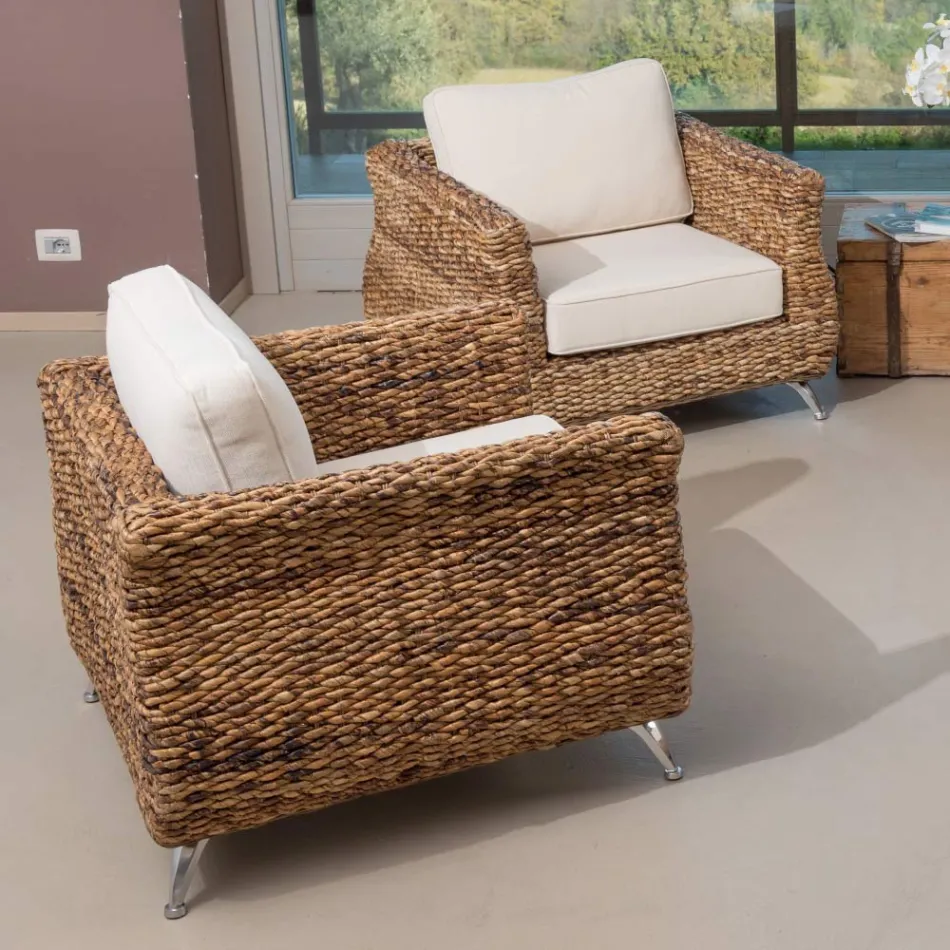 Poltrona Outdoor in Intreccio di Banano con Cuscini – Legolas Viadurini