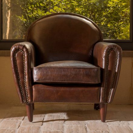 Poltrona per Interno in Cuoio Vintage Effetto Invecchiato Dark Brown - Timbro Viadurini