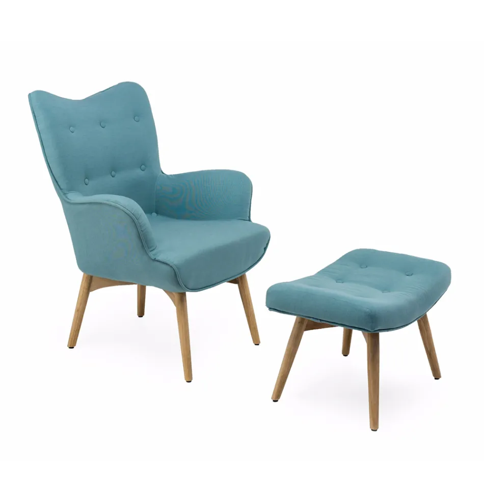 Poltrona + pouf in Legno e Tessuto Misto Cotone - Ailano Viadurini