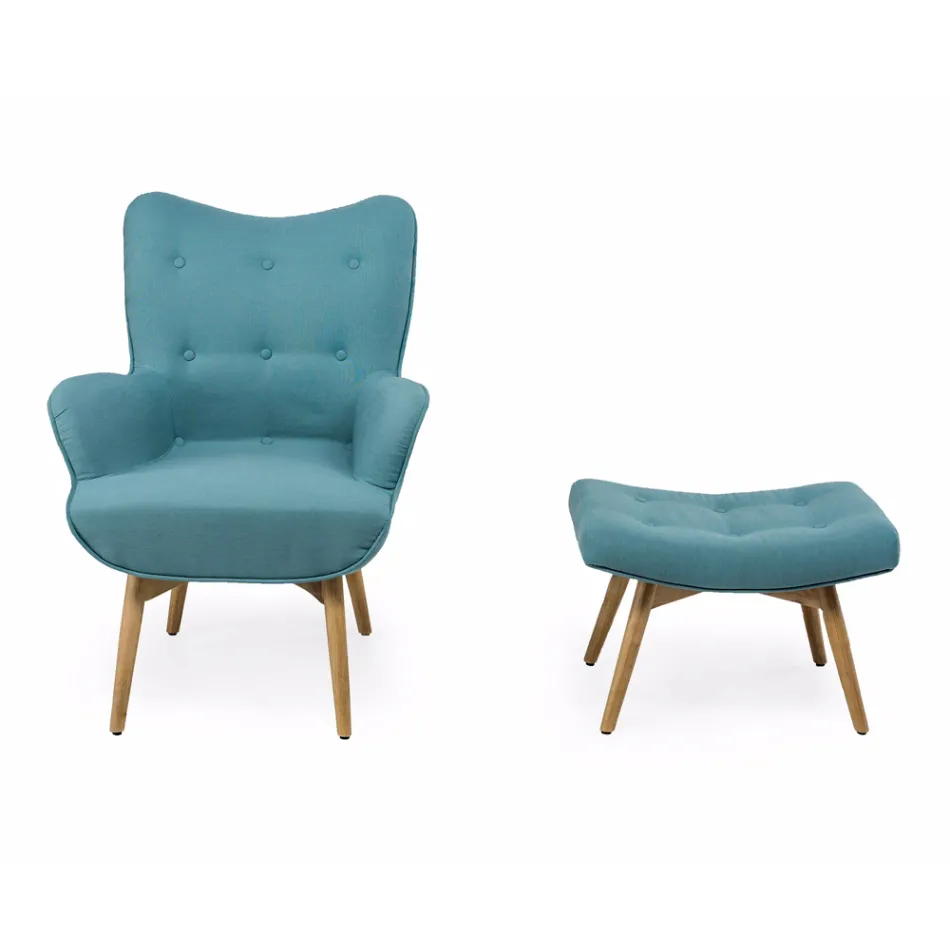 Poltrona + pouf in Legno e Tessuto Misto Cotone - Ailano Viadurini