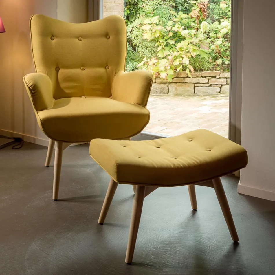 Poltrona + pouf in Legno e Tessuto Misto Cotone - Ailano Viadurini