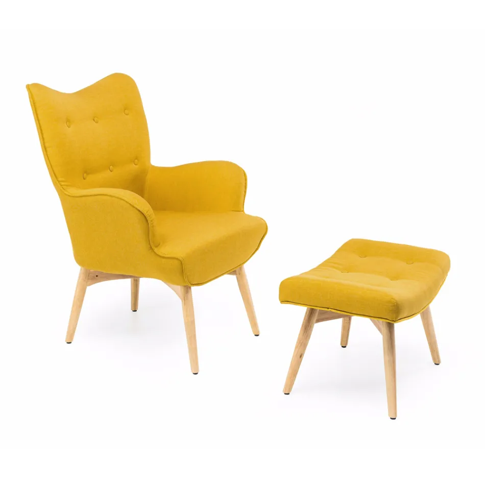 Poltrona + pouf in Legno e Tessuto Misto Cotone - Ailano Viadurini