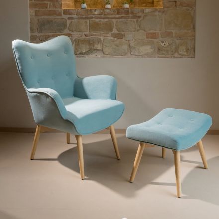 Poltrona + pouf in Legno e Tessuto Misto Cotone - Ailano Viadurini