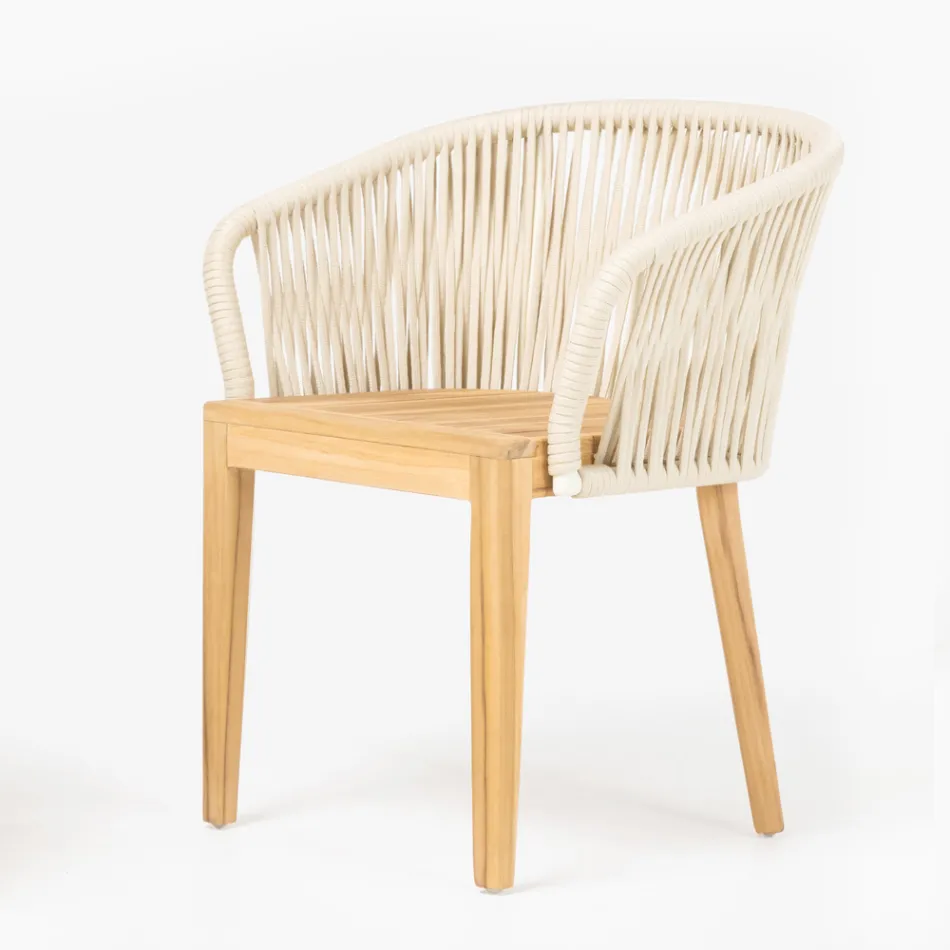 Poltroncina da Esterno in Teak ed Intreccio in Polietilene con Cuscino - Jhon Viadurini