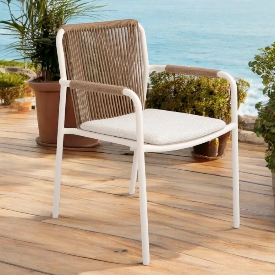 Poltroncina da Esterno Realizzata in Alluminio Beige e Corda Terra - Luxe Viadurini