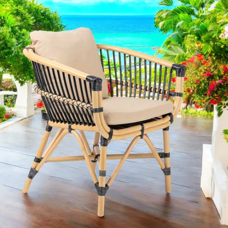 Poltroncina da Giardino in Rattan Naturale con Cuscini Inclusi – Catelyn Viadurini
