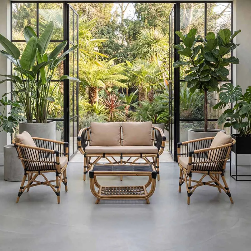 Poltroncina da Giardino in Rattan Naturale con Cuscini Inclusi – Catelyn Viadurini