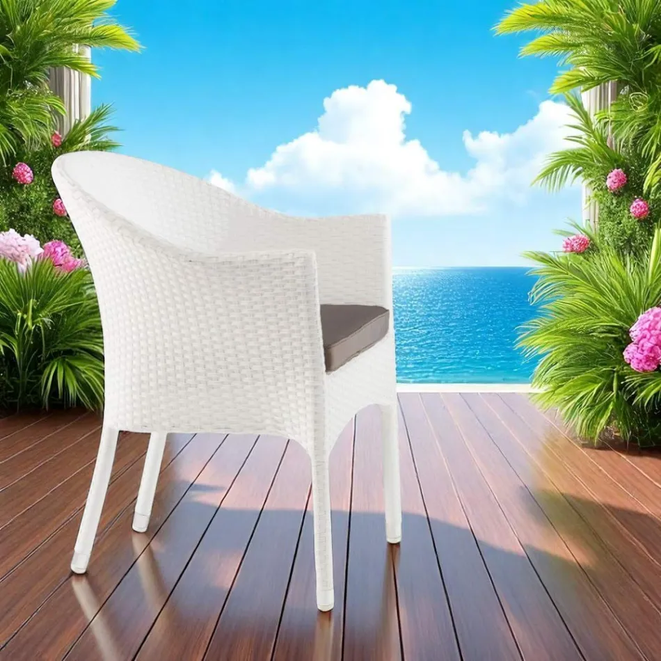 Poltroncina Impilabile in Alluminio Rivestita Wicker Bianco - Bruma Viadurini