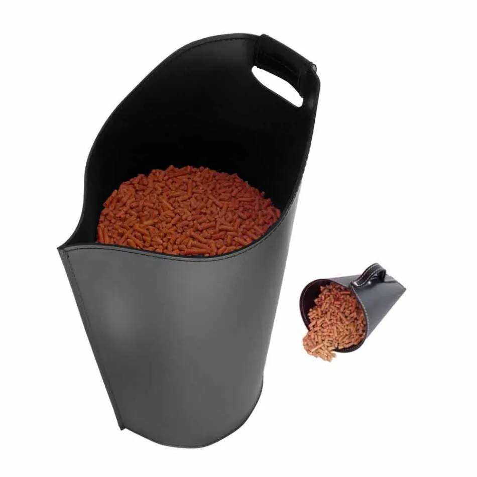 Porta pellet con sessola da interno in cuoio nero di design Sapir Viadurini