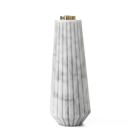 Portacandele Design in Marmo Bianco di Carrara a Righe e Ottone - Amenia Viadurini