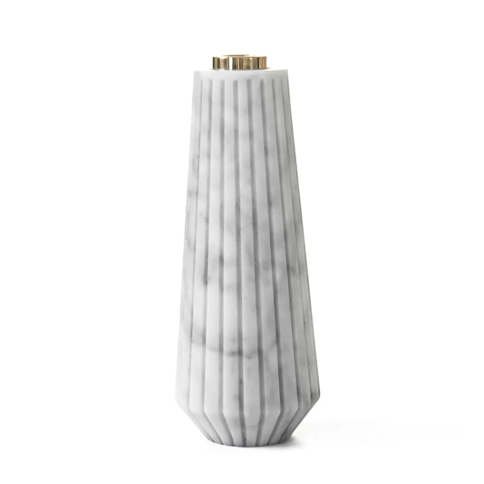 Portacandele Design in Marmo Bianco di Carrara a Righe e Ottone - Amenia Viadurini